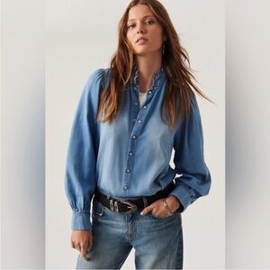 ba&sh Light Blue Ruffle Denim Top
